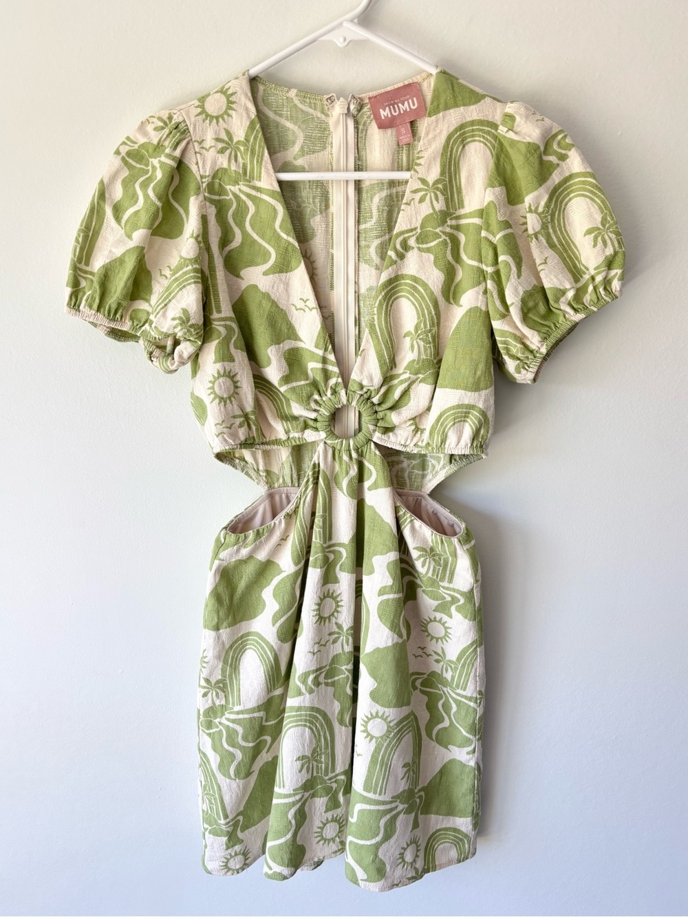 Show Me Your Mumu Jessa Mini Dress Green White Tropical Pattern Linen Blend - Picture 3 of 9